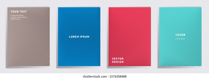 Minimalist covers linear design. Radial semicircle geometric lines patterns. Halftone backgrounds for cataloges, corporate brochures. Lines texture, header title elements. Cover page templates.