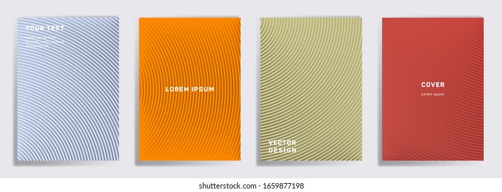 Tapas minimalistas de diseño lineal. Patrones de líneas geométricas de semicírculo radial. Fondos degradados para notas, portadas de papel de aviso. Dibujos de franjas de línea, elementos de título. Plantillas de portada.