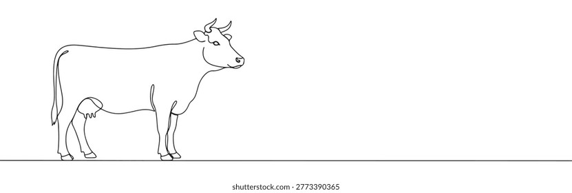 Minimalist Cow Continuous Line Drawing Left Alignment, Simple Farm Animal Vector for Banner
