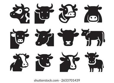 Minimalist cow icon in bold black silhouette, perfect for logos or branding. Flat vector with clean white background and thick outlines.
