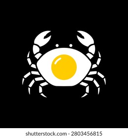 Minimalist crab illustration combining fried egg body on black background, creative flat vector icon