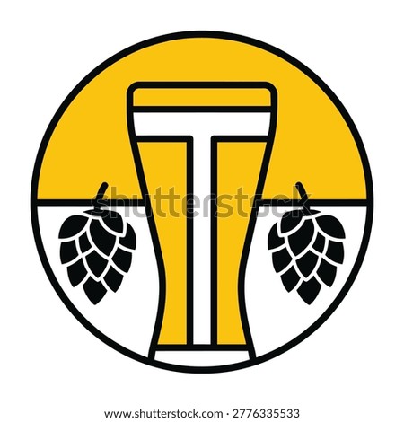 A minimalist craft beer logo icon featuring a stylized pint glass silhouette flanked by two hop cones inside a circular frame. Perfect for breweries and pubs design.