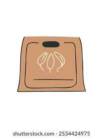 Minimalist craft paper bag with a nature symbol, drawn in a clean and modern cartoon style, perfect for eco-conscious designs