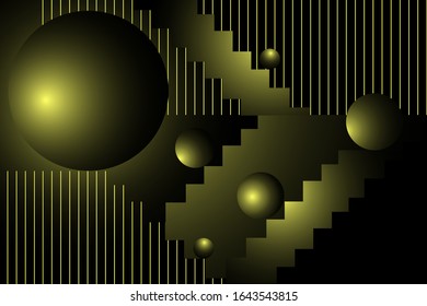 Minimalist creation of round shapes, lines and stairs on black background. The contrasting shades of black and gold give the impression of interior space and movement. Architecture, interior. Vector