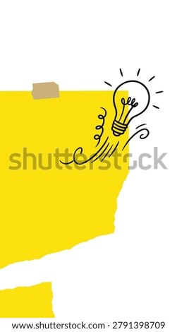 Minimalist Creative Idea Vector Background with Torn Yellow Paper and Light Bulb Doodle. A vertical digital vector illustration featuring a clean, minimalist design centered around themes of creativity, brainstorming, and inspiration. The composition showcase a prominent scrap of bright yellow torn paper shaped like a memo or sticky note, anchored at the top with a small piece of tan masking tape. Perched on the top-right corner of the paper is a hand-drawn black line art doodle of a glowing light bulb, complete with decorative accent swirls and radiating light rays to signify a fresh idea or spark of genius. The entire graphic is set against a solid white background, offering ample clean negative space on the right and top sections. This layout is highly versatile and specifically optimized for vertical text overlays, presentations, smartphone wallpapers, social media stories, or static video backdrops.