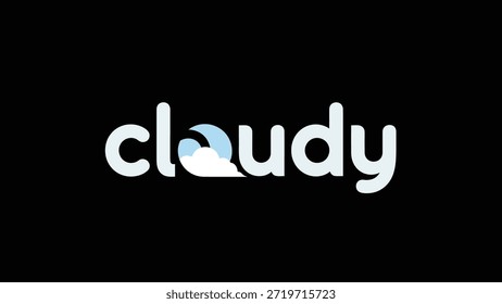 A minimalist and creative wordmark logo for the word 'cloudy', featuring a subtle integration of a stylized cloud and a crescent moon within the