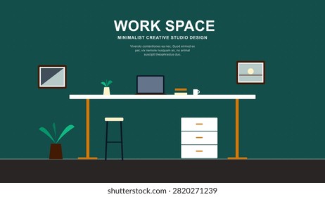 Minimalist creative workspace with desk, laptop, and office supplies