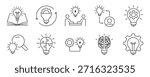 Minimalist Creativity line icons set with editable stroke, featuring originality, innovation, design, idea, innovation, vision, invest, visual thinking, drafting, geometric. thin linear illustration.