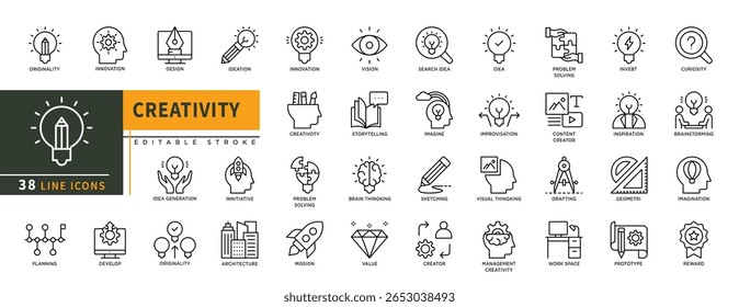 Iconos de línea de creatividad minimalista con trazo editable, con originalidad, innovación, diseño, idea, innovación, visión, invertir, pensamiento visual, dibujo, geometría. ilustración lineal delgada.