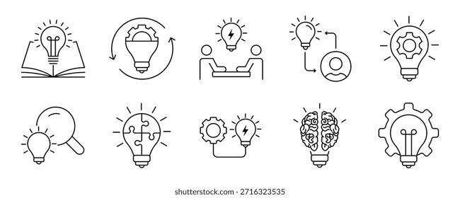 Minimalist Creativity line icons set with editable stroke, featuring originality, innovation, design, idea, innovation, vision, invest, visual thinking, drafting, geometric. thin linear illustration.