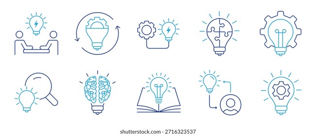 Ícones de linha de criatividade minimalista definidos com traço editável, com originalidade, inovação, design, ideia, inovação, visão, investir, pensamento visual, desenho, ilustração linear.