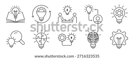 Minimalist Creativity line icons set with editable stroke, featuring originality, innovation, design, idea, innovation, vision, invest, visual thinking, drafting, geometric. thin linear illustration.
