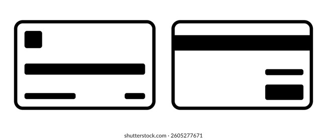 Minimalist credit card icon set. Front and back view of banking card symbol. Vector illustration for finance, payment, shopping, and digital transactions. Black and white outline design
