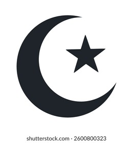 Minimalist crescent moon and star icon in bold black silhouette perfect for Islamic designs Ramadan or Eid celebrations