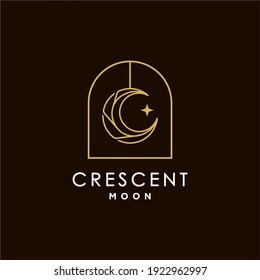 minimalist crescent moon and star logo design line icon vector in luxury boho style outline linear Illustration, moslem moon mosque logo vector.