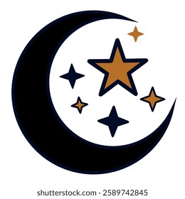 Minimalist crescent moon and starry night sky illustration in elegant golden and black color palette
