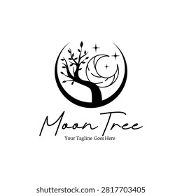 Minimalist Crescent Moon and Tree Nature Silhouette Logo Line Art Vector