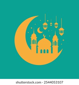 Minimalist Crescent and Mosque Vector with Lanterns for Ramadan
