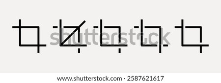 Minimalist crop tool icons in black on a white background. The crop tool is repeated in various styles, showcasing different crop tool designs. User interface icons, UI icon vector set.