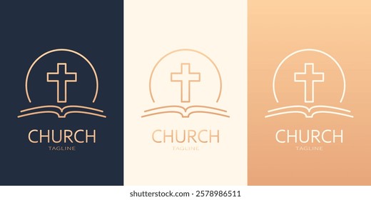 Minimalist cross and bible logo. Religious emblem in three color variations. Best for web, print, polygraphy, businesscards, signboards, logo and branding design.