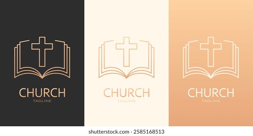 Minimalist cross and bible logo. Religious emblem in three color variations. Best for web, print, polygraphy, businesscards, signboards, logo and branding design.