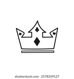 Minimalist crown with card suits - poker and casino design. Spades, Hearts, Diamonds, Clubs. Vector illustration.