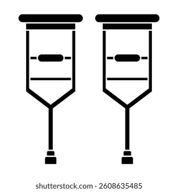 Minimalist crutches icon in black glyph style with geometric simplicity. Represents injury recovery and medical mobility aid. Ideal for health-related apps, infographics, or signage.