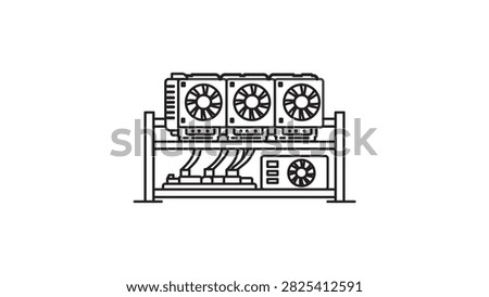 Minimalist Cryptocurrency Mining Rig Vector Icon with Editable Stroke. Clean Black Line Illustration of GPU Farm Rack on White Background. Scalable for Blockchain and Technology Projects.