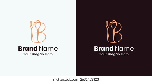 Minimalist Culinary Logo Design Concept Featuring a B Letter with Fork and Spoon