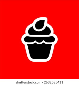 Minimalist Cupcake Icon with Cream on Red Background
