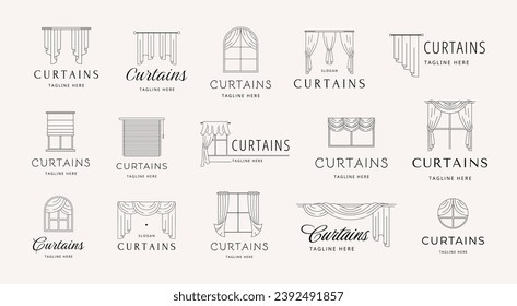 Minimalist curtains emblems. Window drapery and blinds for interior design branding. Line windows vector icon set of curtains window business interior illustration