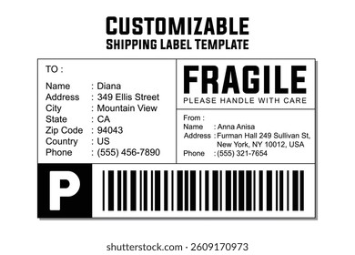 Minimalist Custom Shipping Label with Fragile Warning and Barcode for Package Delivery