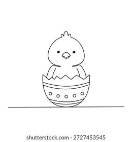 Minimalist Cute Baby Chick Hatching from Easter Egg Shell Line Art Illustration