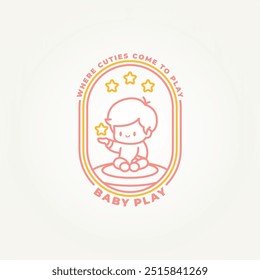 minimalist cute baby is sitting with stars line art badge icon logo vector illustration design. simple modern baby shop emblem logo concept