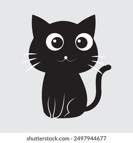 Minimalist Cute Black Cat Vector Illustration, A minimalist vector illustration of a cute black cat with big eyes and a simple design. Perfect for use in graphic projects, product design