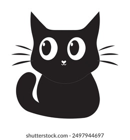 Minimalist Cute Black Cat Vector Illustration, A minimalist vector illustration of a cute black cat with big eyes and a simple design. Perfect for use in graphic projects, product design