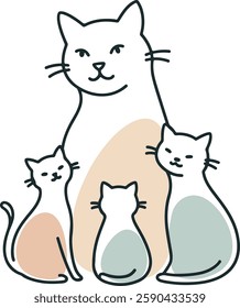 Minimalist Cute Cat Family Illustration - Mother Cat with Kittens in Pastel Colors - Adorable Pet Art