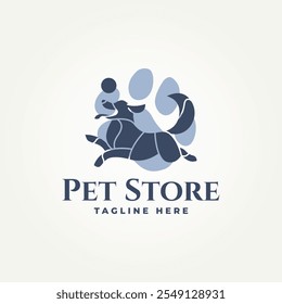 Perro lindo minimalista que juega la bola con el diseño de Ilustración vectorial del logotipo del icono del símbolo de la pata Tienda moderna simple del animal doméstico, clínica veterinaria, concepto del logotipo del refugio