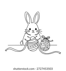 Minimalist Cute Easter Bunny Tying Ribbon on Decorated Egg Line Art Illustration