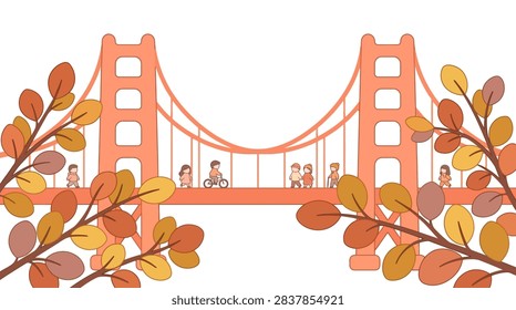 A minimalist and cute flat vector illustration of the iconic Golden Gate Bridge in San Francisco. The artwork features a warm autumn color palette of orange, peach, and yellow tones. Small figures of pedestrians and a cyclist are seen crossing the bridge deck. The composition is framed on both sides by branches with seasonal fall leaves, all set against a clean, white background.