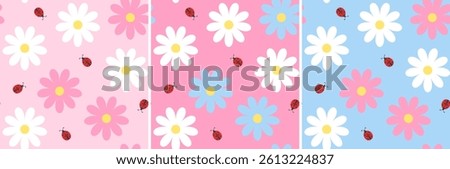 Minimalist cute floral seamless pattern in pink and blue clean pastel shades with chamomiles and ladybugs. Simple naive girly background with daisies and tiny red beetles