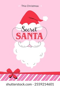 Minimalist cute illustration for Secret Santa tradition. Vector design with a hat and beard from Santa Claus costume. Idea for poster, banner or invitation to Christmas party