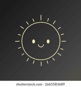 Icono sonriente lindo minimalista del sol con el contorno de la luz que irradia en fondo oscuro