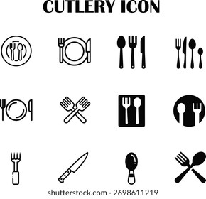 Vetor de ícone de talheres minimalista — garfo, faca e símbolo de colher para design de restaurante, comida ou cozinha