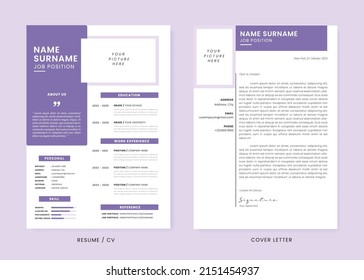 Minimalist CV Resume and Cover Letter Design Template. Super Clean and Clear Professional Modern Design. Stylish Minimalis Elements and Icons with Purple Color - Vector Template.