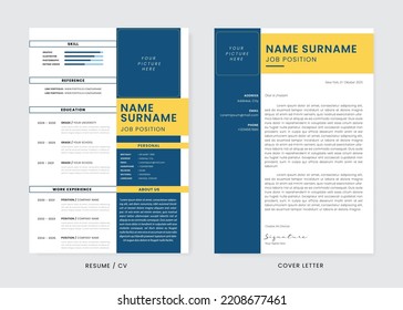Minimalist CV Resume and Cover Letter Design Template. Super Clean and Clear Professional Modern Design. Stylish Minimalist Elements and Icons with Blue and Yellow Color - Vector Template.
