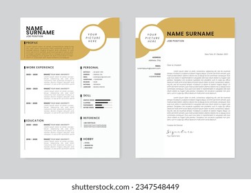 Minimalist CV Resume and Cover Letter Design Template. Curriculum Vitae Clean and Clear Professional Modern Design. Stylish Minimalist Elements and Icons with Gold and White Color - Vector Template.