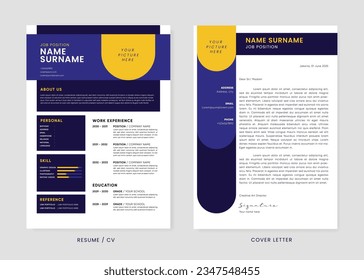 Minimalist CV Resume and Cover Letter Design Template. Curriculum Vitae Clean and Clear Professional Modern Design. Stylish Minimalist Elements and Icons with Yellow and Purple Color - Vector Template