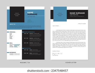 Minimalist CV Resume and Cover Letter Design Template. Curriculum Vitae Clean and Clear Professional Modern Design. Stylish Minimalist Elements and Icons with blue and black Color - Vector Template.