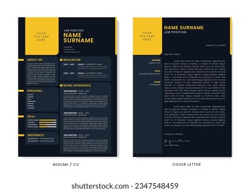 Minimalist CV Resume and Cover Letter Design Template. Curriculum Vitae Clean and Clear Professional Modern Design. Stylish Minimalist Elements and Icons with Yellow and Black Color - Vector Template.